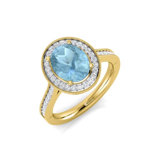 Ovaler Aquamarin- und runder Diamant-Halo-Schulterring
