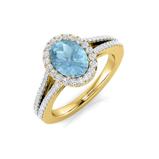 Ovaler Aquamarin- und runder Diamant-Ring mit geteilter Schulterfassung