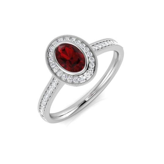0,70 ct VS/E-F Ovaler Diamant-Granat-Ring in Lünettenfassung
