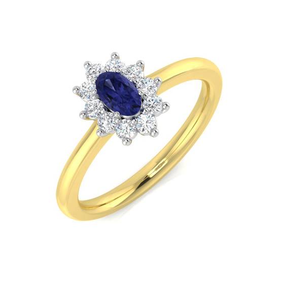 Ovaler Tansanit (0,45 ct, VS/E-F) und Halo-Ring mit rundem Diamanten