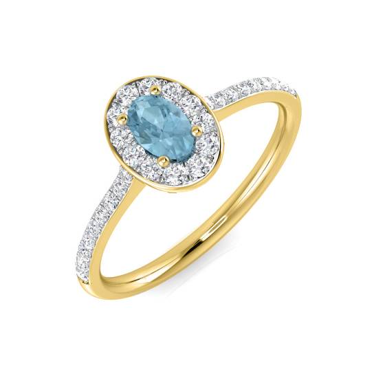 Ovaler Aquamarin- und runder Diamant-Halo-Schulterring
