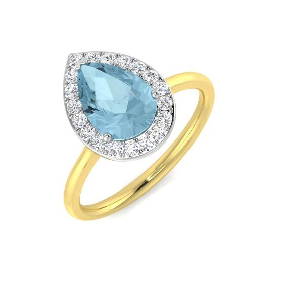 Birnenförmiger Aquamarin und runder Diamant-Halo-Ring