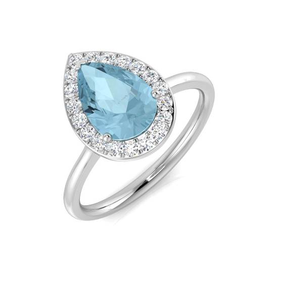 Birnenförmiger Aquamarin und runder Diamant-Halo-Ring