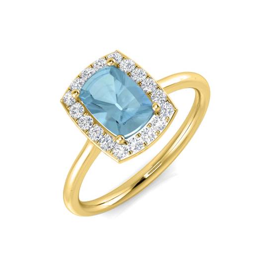 Kissenförmiger Aquamarin und Halo-Ring mit rundem Diamanten