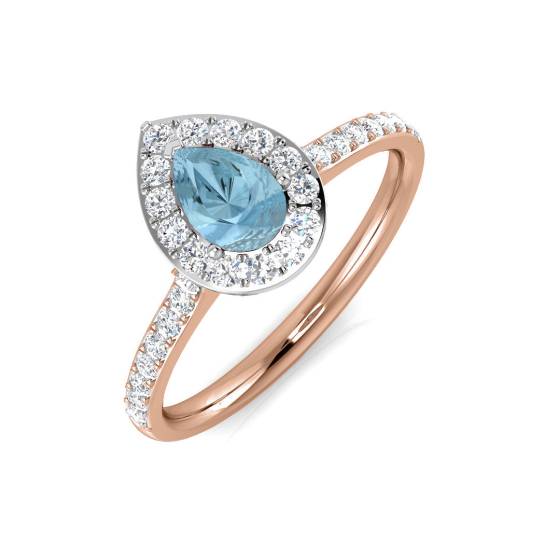 Birnenförmiger Aquamarin und runder Diamant-Halo-Schulterring