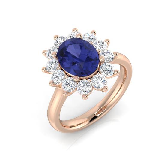 Ovaler Tansanit (2,50 ct, VS/E-F) und Halo-Ring mit rundem Diamanten