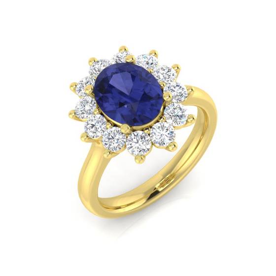 Ovaler Tansanit (2,50 ct, VS/E-F) und Halo-Ring mit rundem Diamanten