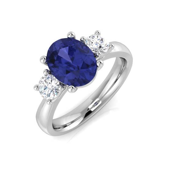 Trilogie-Ring mit ovalem Tansanit (2,30 ct, VS/E-F) und rundem Diamanten