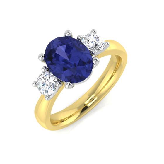 Trilogie-Ring mit ovalem Tansanit (2,30 ct, VS/E-F) und rundem Diamanten