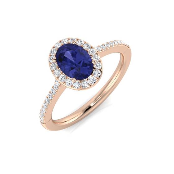 Ring mit ovalem, blauem Tansanit (1,00 ct, VS/E-F) und rundem Diamanten im Halo-Design