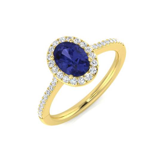 Ring mit ovalem, blauem Tansanit (1,00 ct, VS/E-F) und rundem Diamanten im Halo-Design