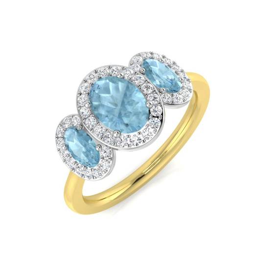 Ovaler Aquamarin- und runder Diamant-Trilogie-Ring