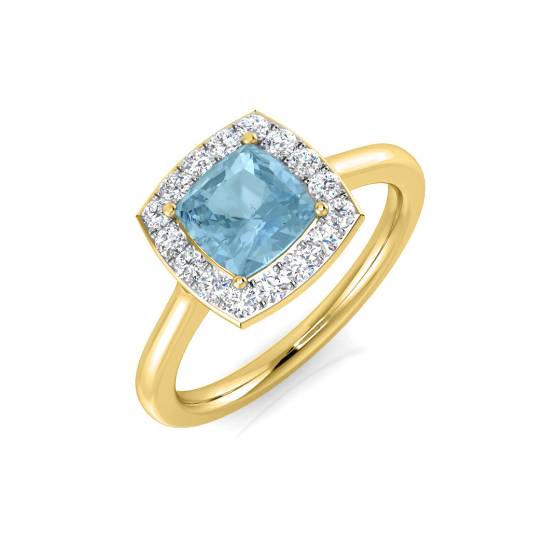 Kissenförmiger Aquamarin und Halo-Ring mit rundem Diamanten