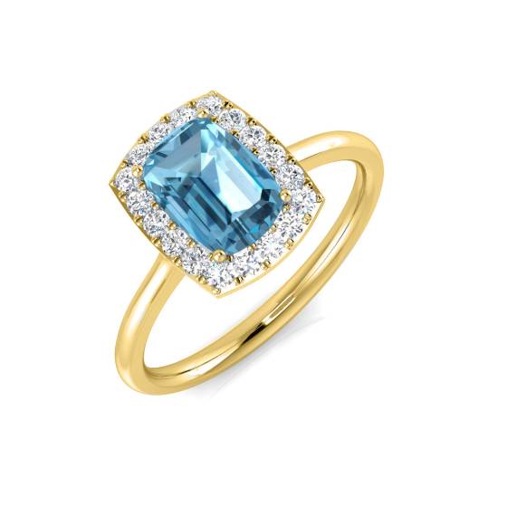 Ring mit blauem Topas im Kissen-Design und rundem Diamanten im Halo-Design
