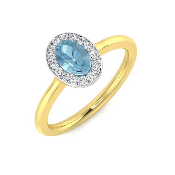 Ovaler Aquamarin- und runder Diamant-Halo-Ring