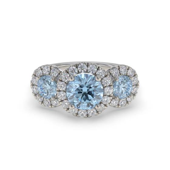 Trilogie-Ring mit rundem Aquamarin und rundem Diamanten und Halo-Fassung