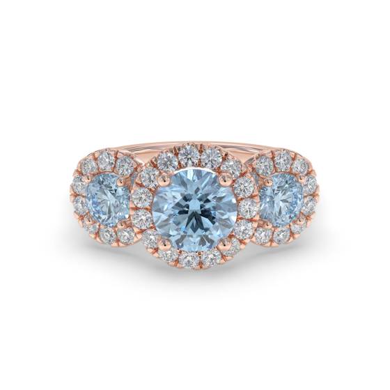 Trilogie-Ring mit rundem Aquamarin und rundem Diamanten und Halo-Fassung
