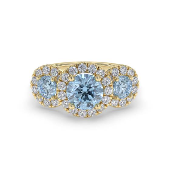 Trilogie-Ring mit rundem Aquamarin und rundem Diamanten und Halo-Fassung