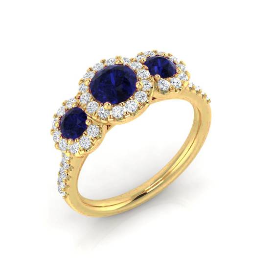 Trilogie-Ring mit rundem blauem Saphir und rundem Diamanten