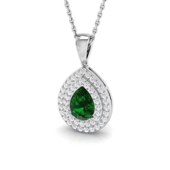 Anhänger mit birnenförmigem Smaragd (0,70 ct, VS/E-F) und rundem Diamanten im Halo-Design