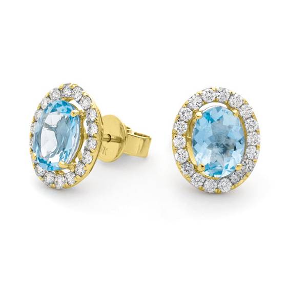 Ovale Aquamarin- und runde Diamant-Halo-Ohrringe