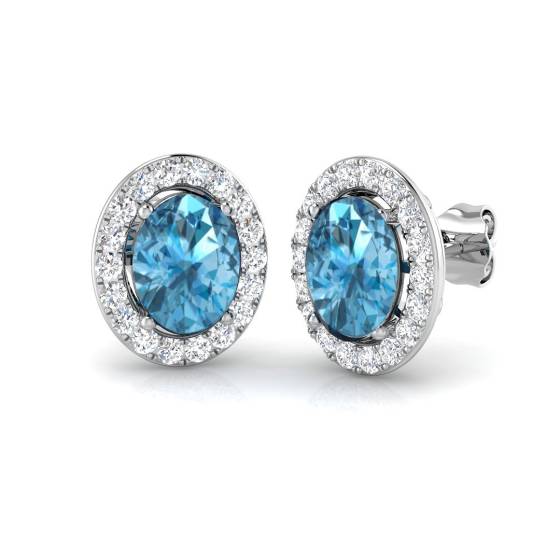 Ohrringe mit blauem Topas, ovalem und rundem Diamant-Halo
