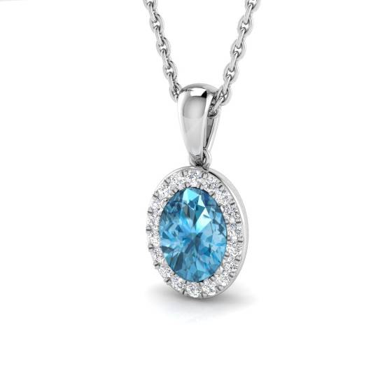 Anhänger mit ovalem und rundem blauem Topas und Diamant-Halo