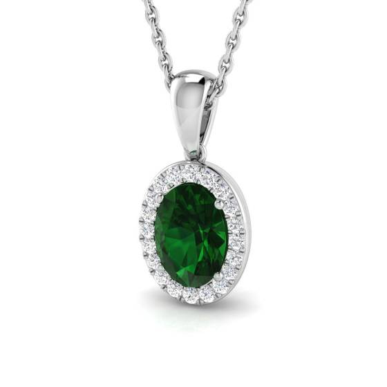 Ovaler Smaragdanhänger (0,80 ct, VS/E-F) mit rundem Diamant-Halo