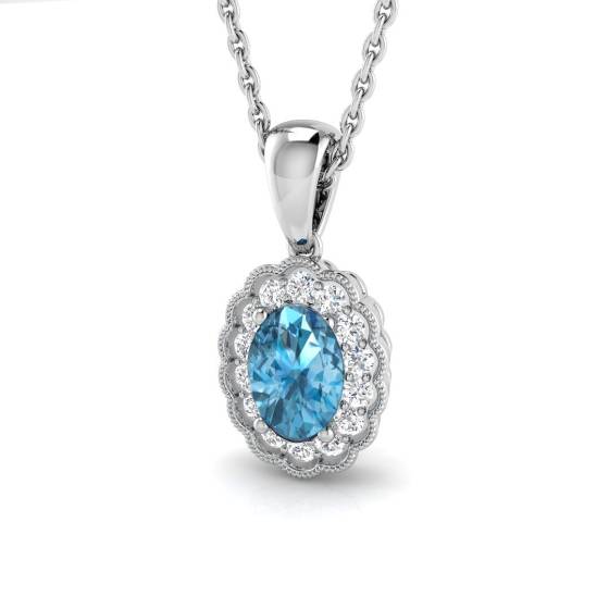 Anhänger mit blauem Topas, ovalem und rundem Diamant-Halo