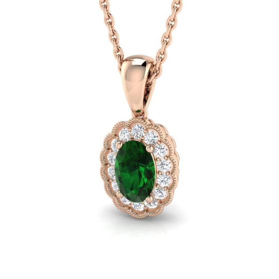 Ovaler Smaragdanhänger (0,55 ct, VS/E-F) mit rundem Diamant-Halo