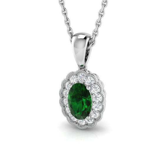 Ovaler Smaragdanhänger (0,55 ct, VS/E-F) mit rundem Diamant-Halo
