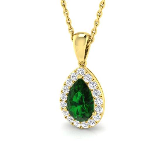 Anhänger mit birnenförmigem Smaragd (1,25 ct, VS/E-F) und rundem Diamanten im Halo-Design