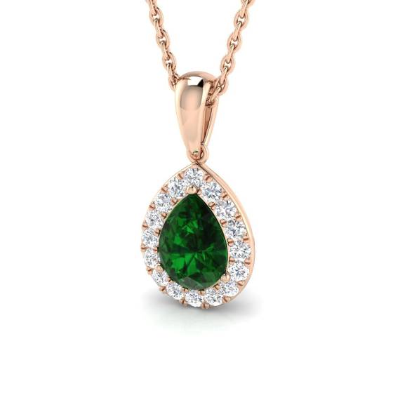 Anhänger mit birnenförmigem Smaragd (0,90 ct, VS/E-F) und rundem Diamanten im Halo-Design