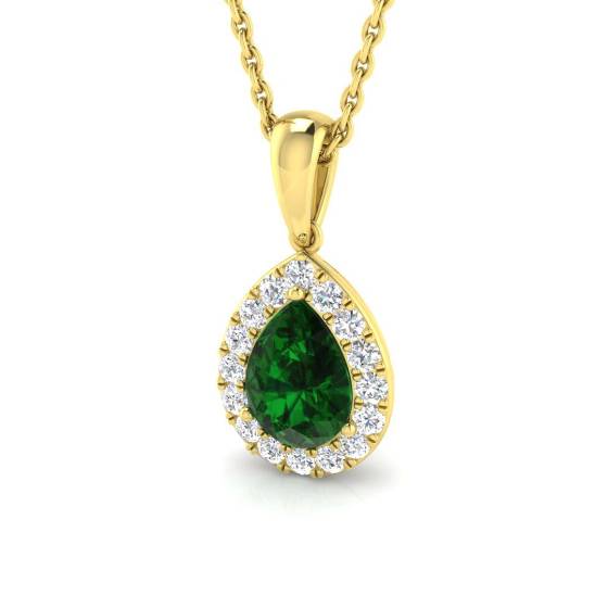 Anhänger mit birnenförmigem Smaragd (0,90 ct, VS/E-F) und rundem Diamanten im Halo-Design