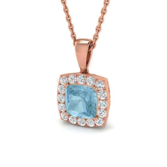 Kissenförmiger Aquamarin- und runder Diamant-Halo-Anhänger