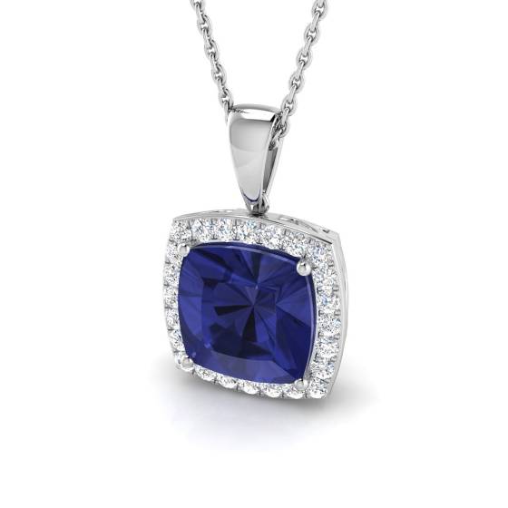Anhänger mit 3,65 ct VS/E-F Kissen-Tansanit und rundem Diamanten im Halo-Design