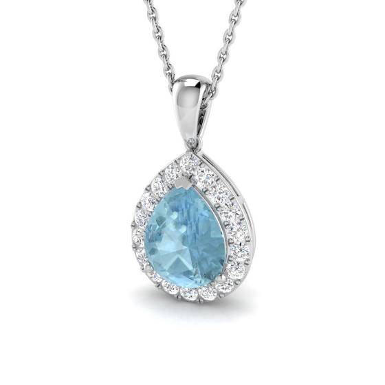 Birnenförmiger Aquamarin- und runder Diamant-Halo-Anhänger
