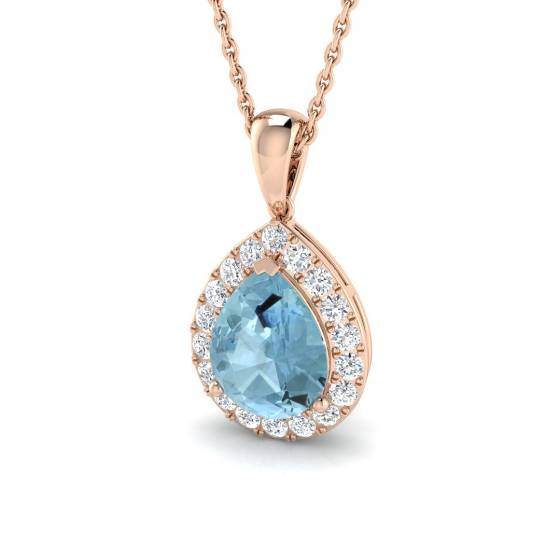 Birnenförmiger Aquamarin- und runder Diamant-Halo-Anhänger