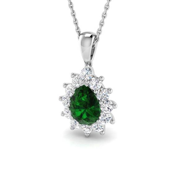 Anhänger mit birnenförmigem Smaragd (1,50 ct, VS/E-F) und rundem Diamanten im Halo-Design