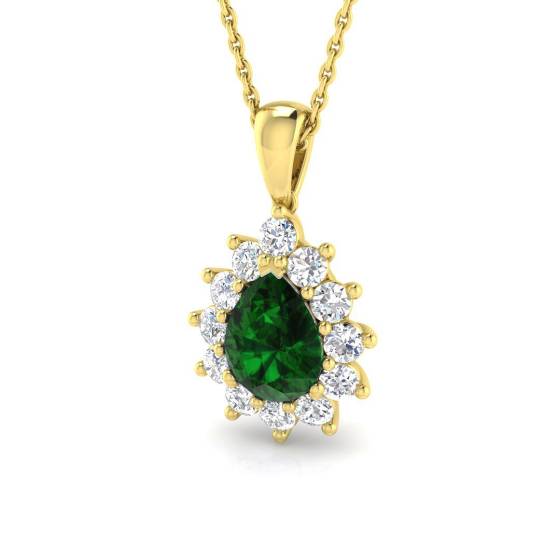 Anhänger mit birnenförmigem Smaragd (1,50 ct, VS/E-F) und rundem Diamanten im Halo-Design