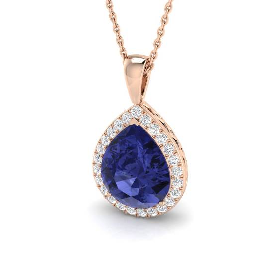 Birnenförmiger Tansanit (3,65 ct, VS/E-F) und Halo-Anhänger mit rundem Diamanten