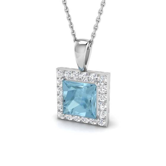 Prinzessin-Aquamarin- und Runddiamant-Halo-Anhänger