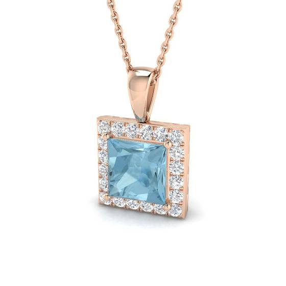 Prinzessin-Aquamarin- und Runddiamant-Halo-Anhänger