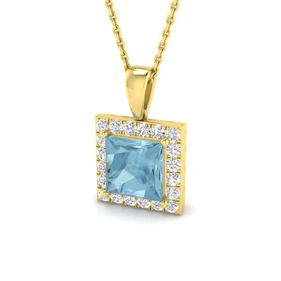 Prinzessin-Aquamarin- und Runddiamant-Halo-Anhänger