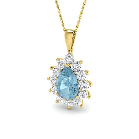 Birnenförmiger Aquamarin- und runder Diamant-Halo-Anhänger