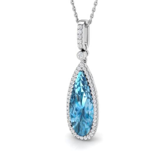 Tropfenförmiger Anhänger mit blauem Topas und rundem Diamanten im Halo-Design