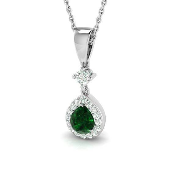 Anhänger mit birnenförmigem Smaragd (0,45 ct, VS/E-F) und rundem Diamanten im Halo-Design