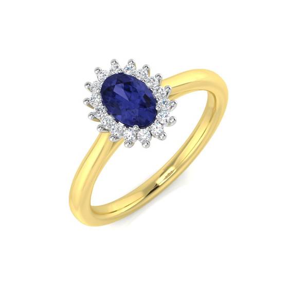 Ovaler Tansanit (0,75 ct, VS/E-F) und Halo-Ring mit rundem Diamanten