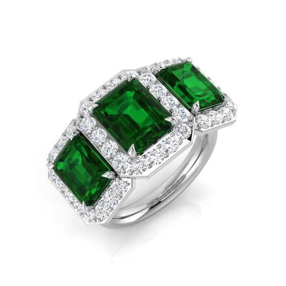 6,90 ct VS/E-F Smaragd- und Diamant-Trilogie-Halo-Ring
