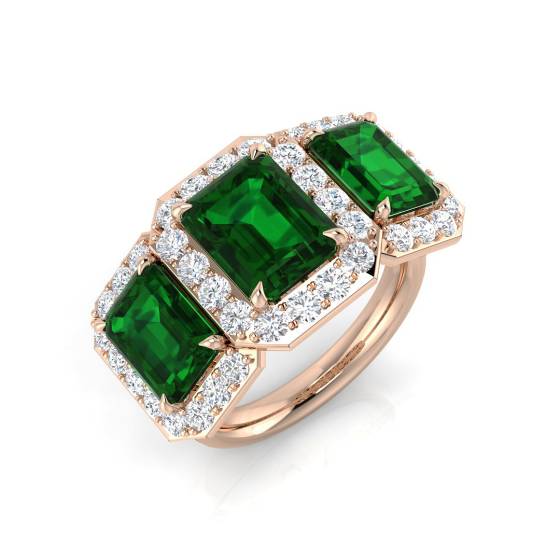 6,90 ct VS/E-F Smaragd- und Diamant-Trilogie-Halo-Ring